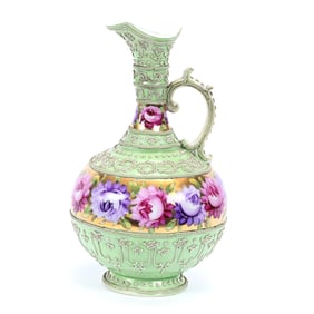 Ewer, Unmarked Nippon Style, Green Background, Rose Decor Band and Gold Highlights
