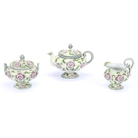 Tea Set, Unmarked Nippon Style, Three Piece, Green Background, Maroon Blossoms,