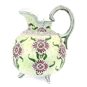 Footed Pitcher, Unmarked Nippon Style, Green Background, Maroon Blossoms