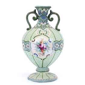 Pedestal Vase, Unmarked Nippon Style, Green Background, Colorful Floral Medallion