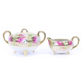 Creamer and Sugar, Nippon Maple Leaf Mark, Green and White, Pink Rose Decor, Heavy Gold Trim