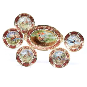 Game Set, Nippon Maple Leaf Mark, Beautiful Red Border, Extensive Gold Enamel and Beaded Jewel