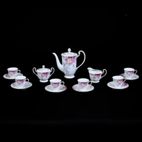 Coffee Set, Noritake Wreath Mark, White, Pink Rose Decor, Gold Trim Highlights