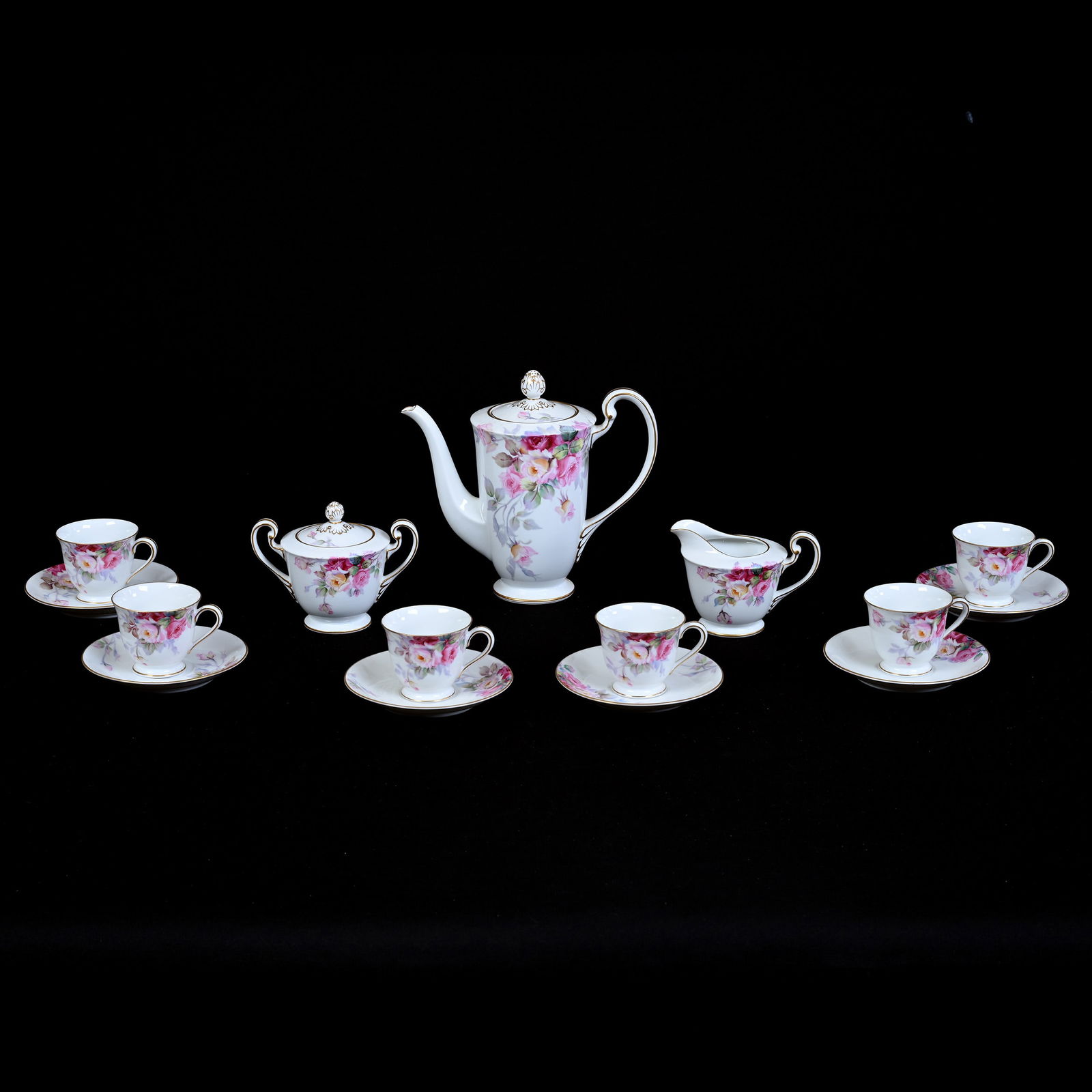 Coffee Set, Noritake Wreath Mark, White, Pink Rose Decor, Gold Trim Highlights (1 of 3)