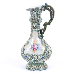 Ewer, Unmarked Nippon Style, Green Background, Colorful Floral Decor, Heavy Colorful Enamel