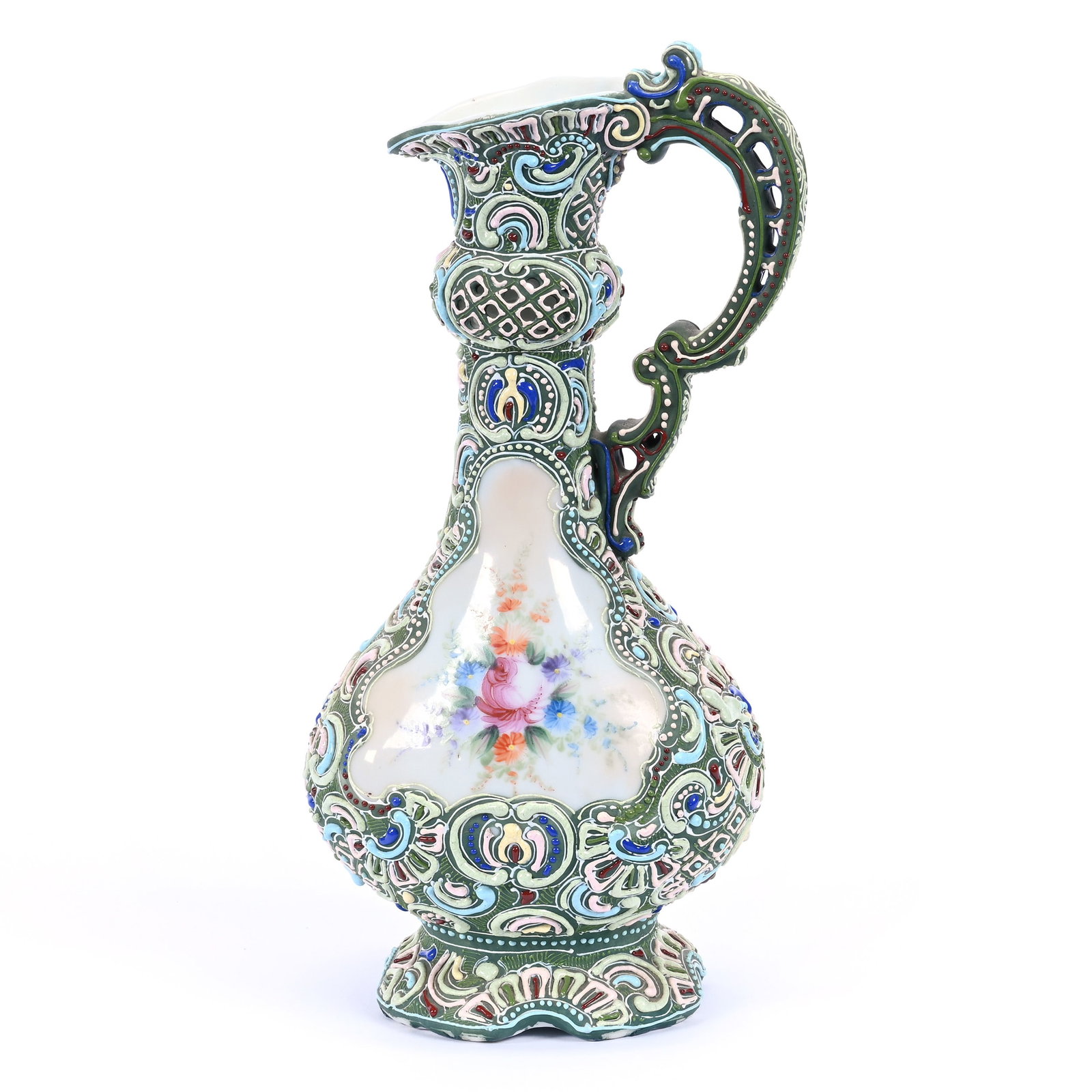 Ewer, Unmarked Nippon Style, Green Background, Colorful Floral Decor, Heavy Colorful Enamel (1 of 3)