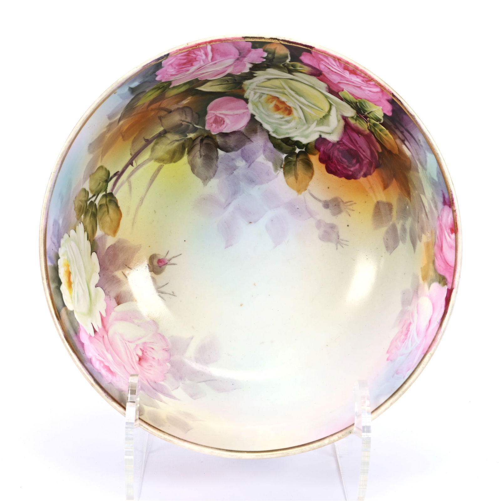 Bowl, Nippon Wreath Mark, Blue, Yellow, Green Interior With Rose Decor, Blue Exterior (1 of 3)