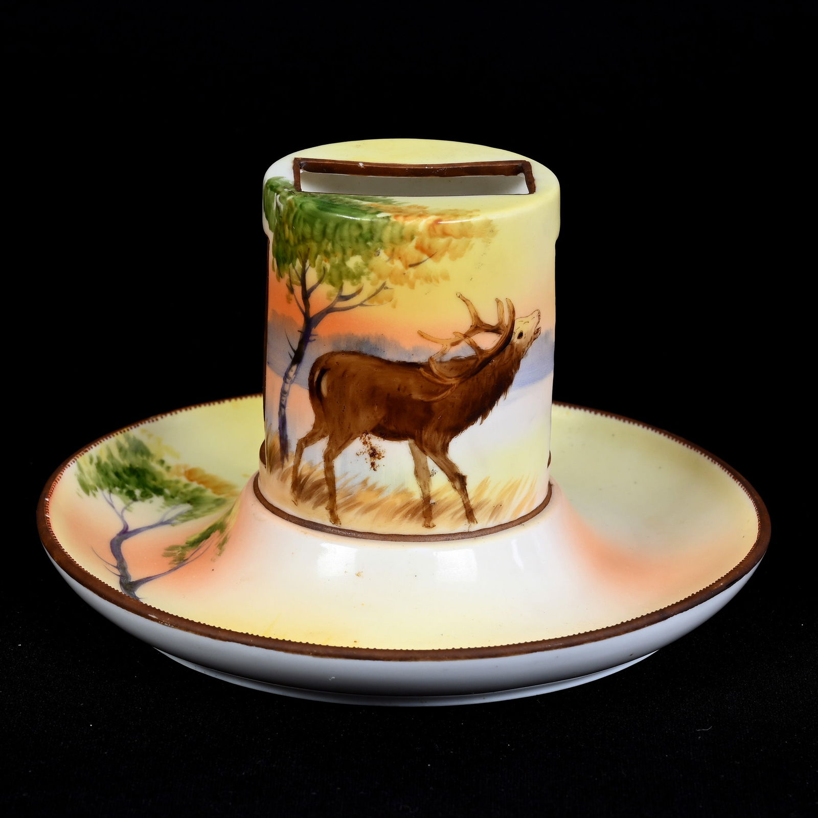 Matchbox Holder, Nippon Wreath Mark, Sunset Scenic Decor Featuring Elk: Matchbox Holder, Nippon Wreath Mark, Sunset Scenic Decor Featuring Elk, 3.25" x 5.5", Kansas Private Collection.