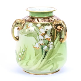 Vase, Three Handles, Nippon Wreath Mark, Green Tones, Lily Of Valley Decor