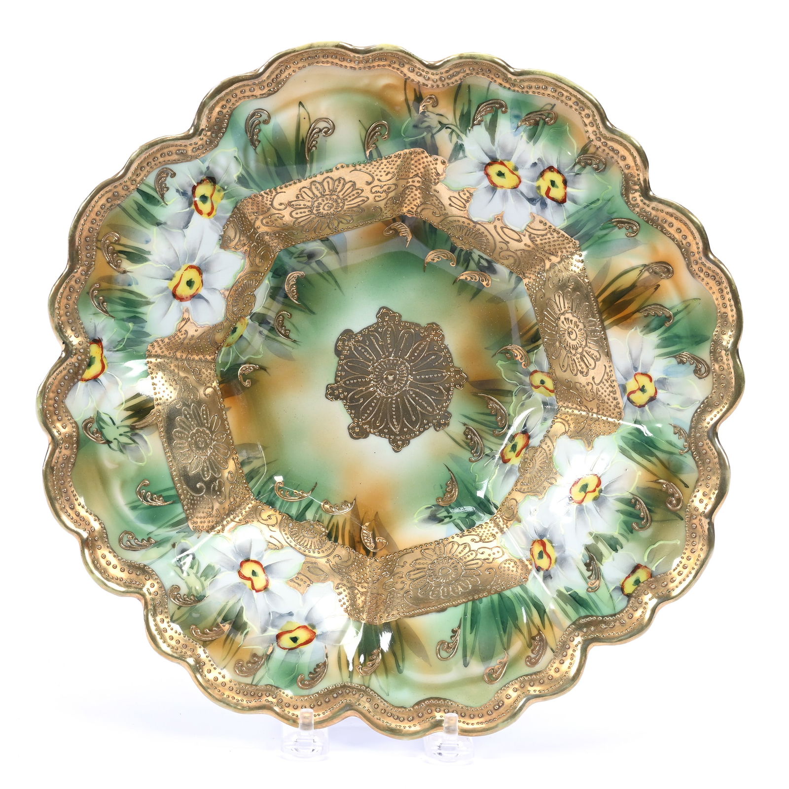 Bowl, Nippon Maple Leaf Mark, Green Tones, White Floral Blossom Decor, Gold Border: Bowl, Nippon Maple Leaf Mark, Green Tones, White Floral Blossom Decor, Gold Border, 11", Tapestry Highlights, Kansas Private Collection.