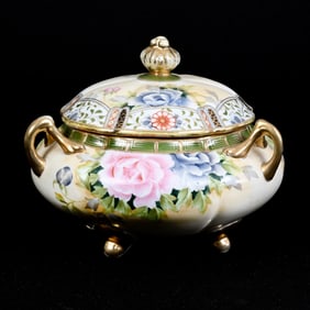 Footed Cracker Jar, Three Handles, Nippon Wreath Mark, Cream Tones, Colorful Floral Decor