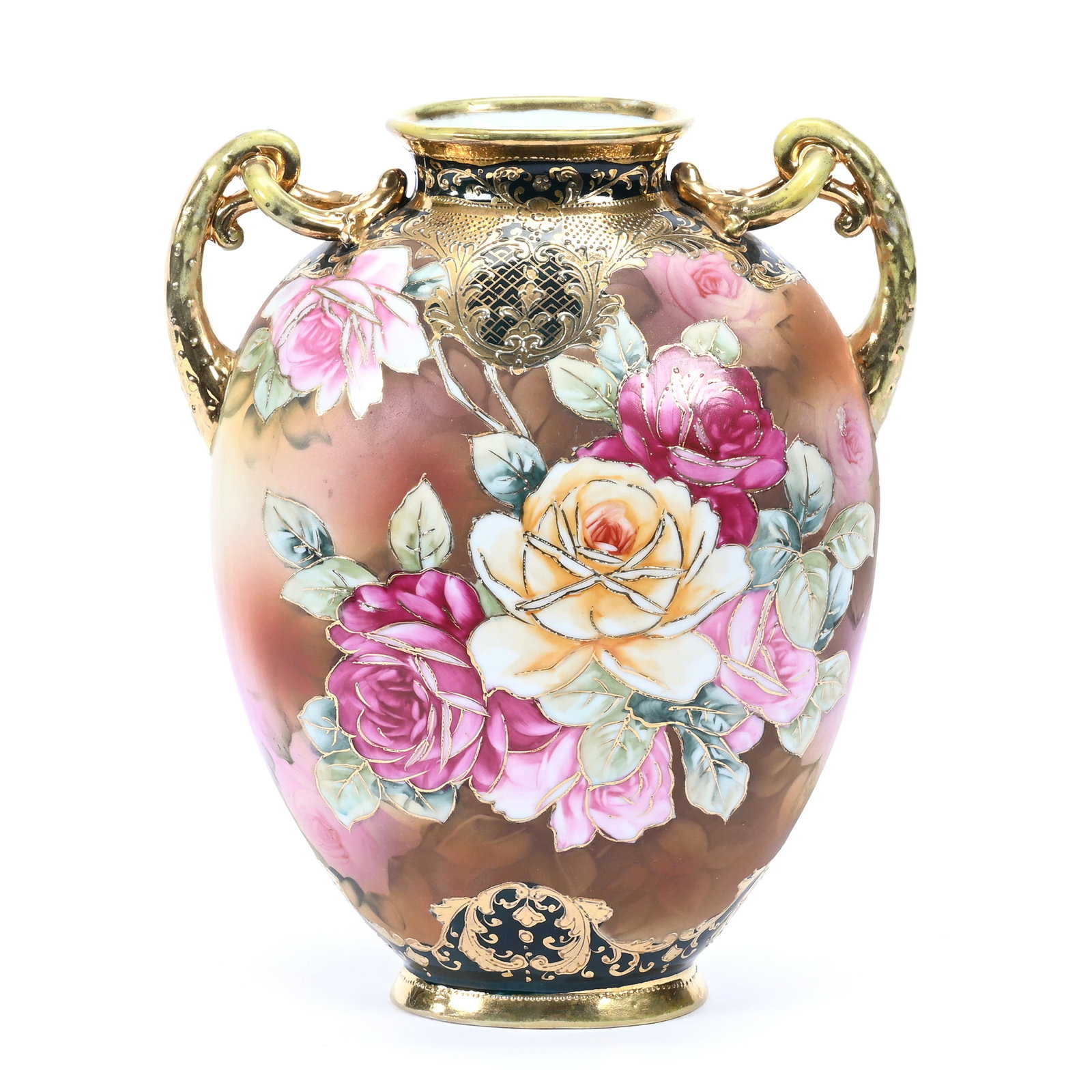 Vase, Nippon Maple Leaf Mark, Brown, Yellow And Pink Tones, Rose Decor (1 of 3)