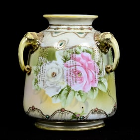Vase, Three Handles, Nippon Maple Leaf Mark, Green and Yellow Tones, Pink Rose Decor