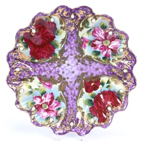 Plate, Unmarked Nippon Style, Lavender Floral Background With Floral Medallion, Gold Trim