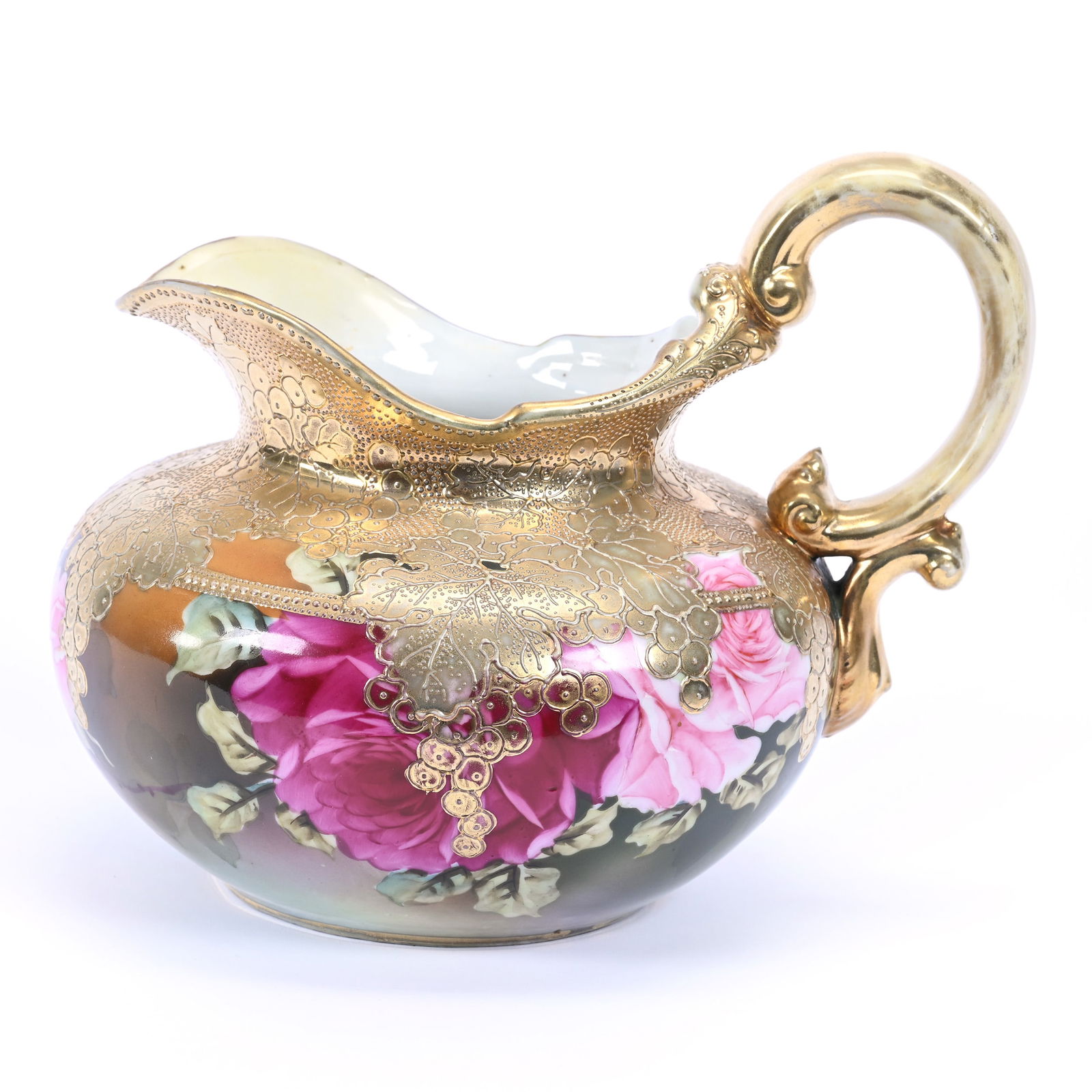 Pitcher, Unmarked Nippon Style, Green Tones, Pink Rose Decor (1 of 3)