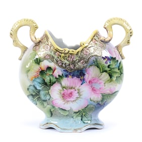 Vase, Nippon Maple Leaf Mark, Pastel Green and Blue Background, Pink Floral Decor