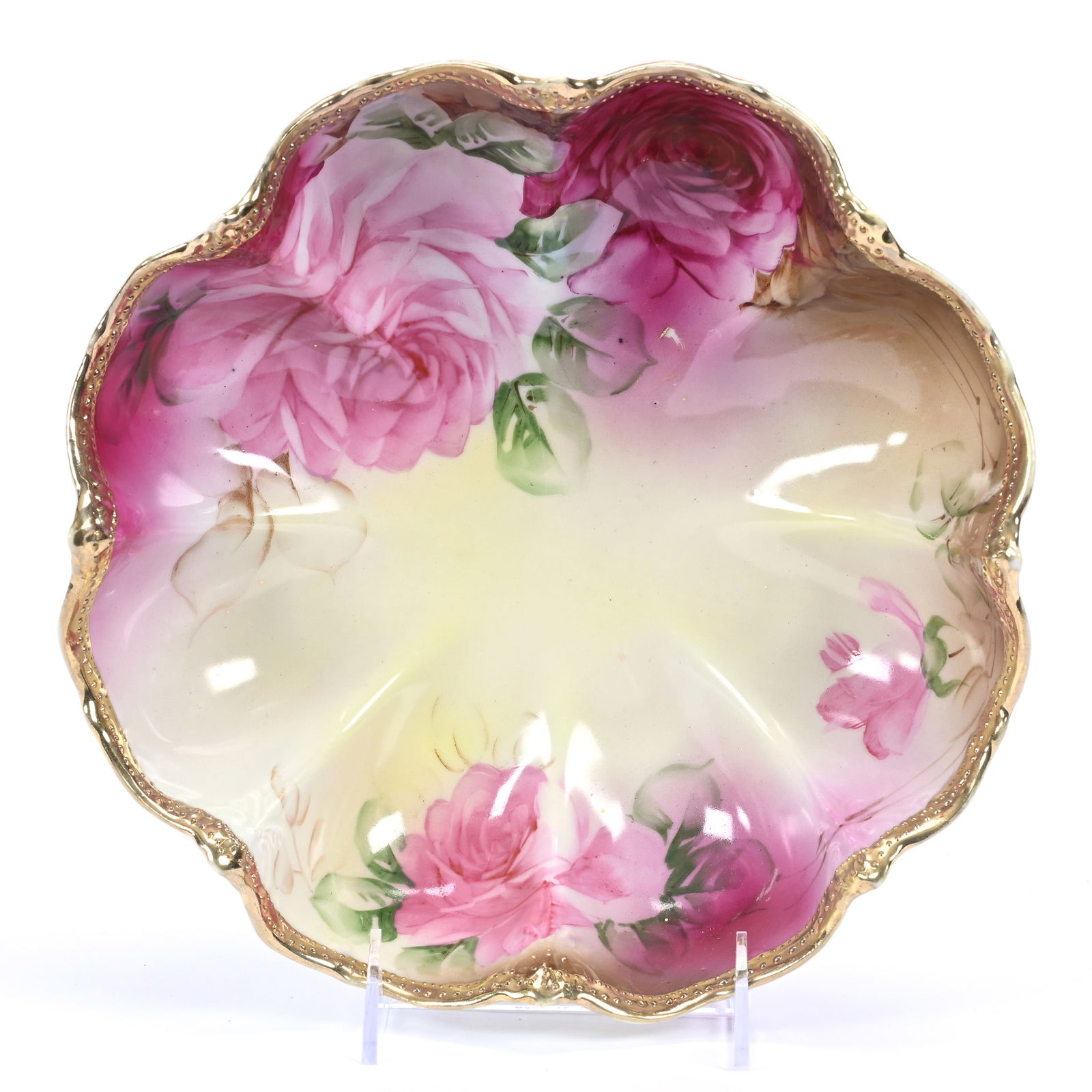 Bowl, Nippon Maple Leaf Mark, Yellow, Brown and Pink Tones, Rose Decor: Bowl, Nippon Maple Leaf Mark, Yellow, Brown and Pink Tones, Rose Decor, 3.5" x 10", Kansas Private Collection.