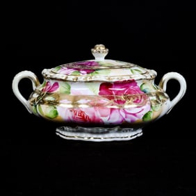 Cracker Jar, Nippon Maple Leaf Mark, White and Cream Tones, Pink Rose Decor, Gold Trim