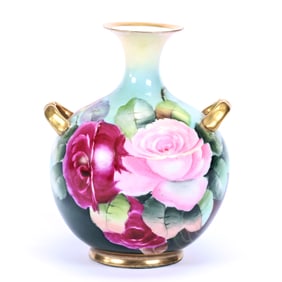 Vase Marked Martin Austria, Hand Painted Rose Decor, Green, Blue and Yellow Background