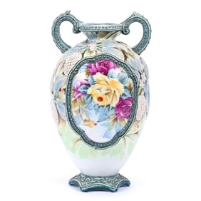 Vase, Nippon Maple Leaf Mark, White and Green Background, Rose Decor Medallions