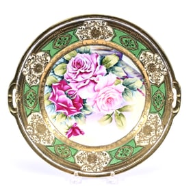 Cake Plate, Unmarked Nippon Style, Whtie Center, Pink Rose Decor, Green Border