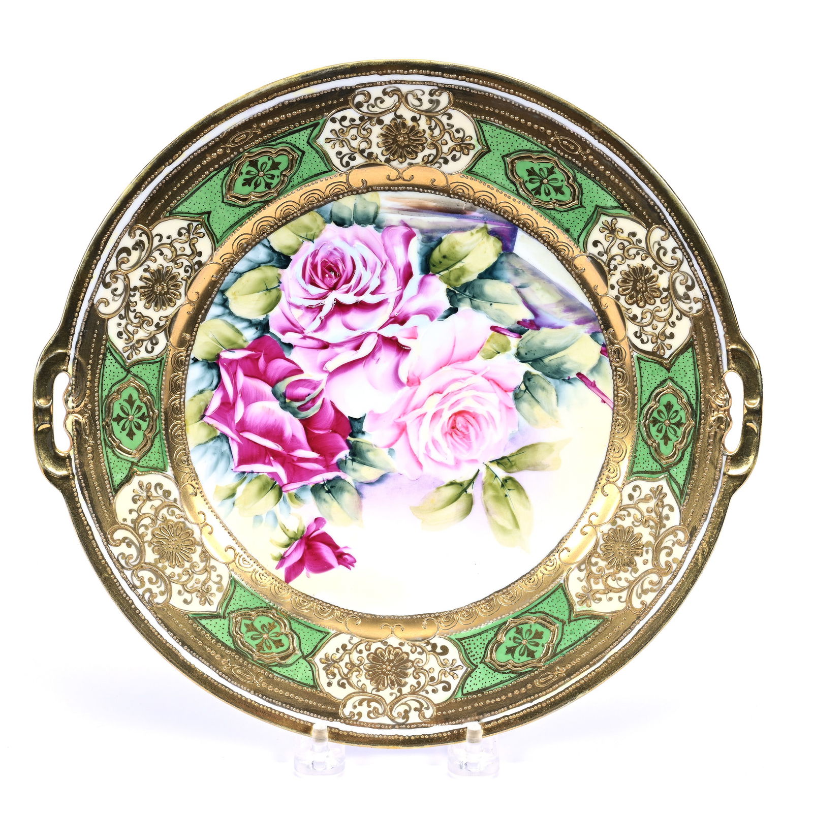 Cake Plate, Unmarked Nippon Style, Whtie Center, Pink Rose Decor, Green Border: Cake Plate, Unmarked Nippon Style, Whtie Center, Pink Rose Decor, Green Border, 10.25", Extensive Gold Highlights, Kansas Private Collection.