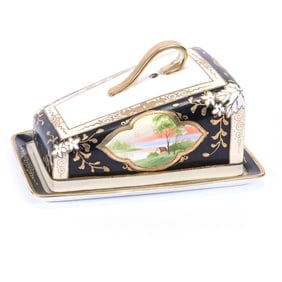 Covered Cheese Dish, Nippon Maple Leaf Mark, Black, Cream and White Tones, Lake Scenic Decor