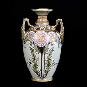 Vase, Nippon Wreath Mark, Cream Background, Large Art Deco Floral Decor, Black Border