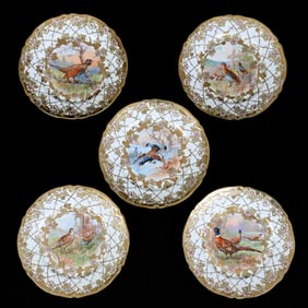 (5) Game Plates, Nippon Maple Leaf Mark, White, Various Game Birds, Gold Lattice and Floral Border