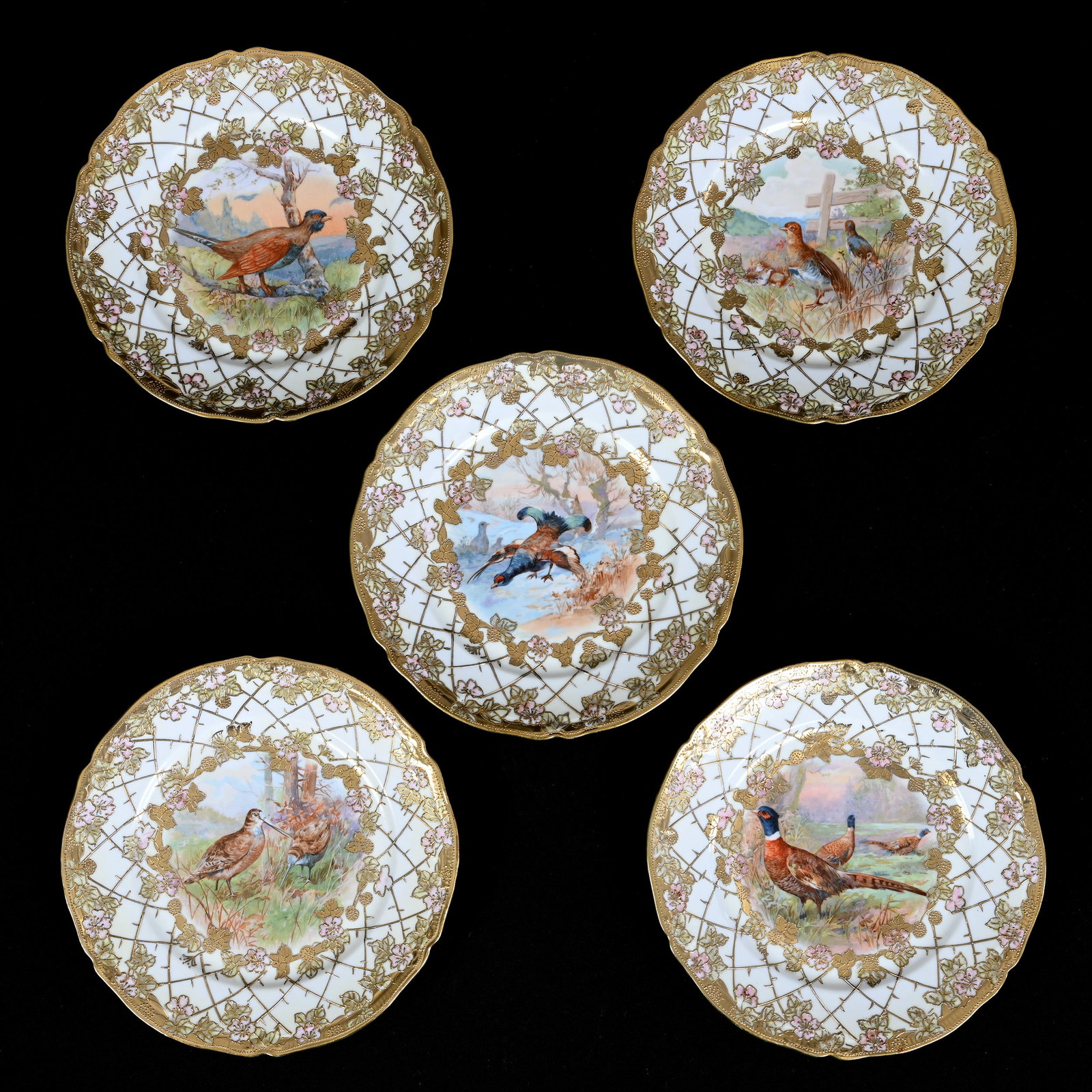 (5) Game Plates, Nippon Maple Leaf Mark, White, Various Game Birds, Gold Lattice and Floral Border (1 of 2)