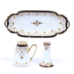 (3) Items Marked With Nippon Wreath, White With Cobalt Blue Border, Matching Gold Enamel Decor