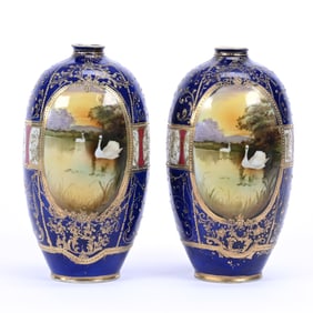 Pair Vases, Tree Crest Nippon Mark, Cobalt Blue Background, Medallion Swan Scenic Decor