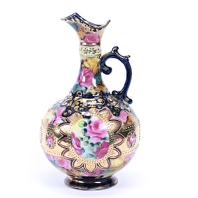 Ewer, Unmarked Nippon Style, Green Background, Pink And Yellow Rose Decor, Heavy Gold