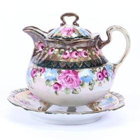 Syrup Pitcher/Underplate, Nippon Maple Leaf Mark, White And Pink Tones, Pink and Blue Floral