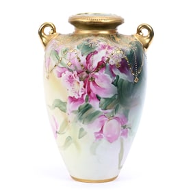 Vase, Nippon Maple Leaf Mark, Green/Yellow Tones, Pink Floral Decor, Heavy Gold Enamel Highlights