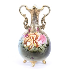 Vase, Marked Nippon In Block Lettering, Green and Blue Tones, Rose Decor, Gold Trim