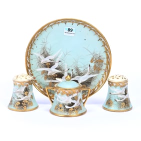 Condiment Set, Four Piece, Nippon Wreath Mark, Pale Green With Snow Geese Scenic Decor