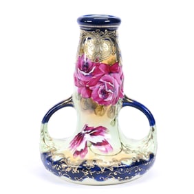 Vase, Unmarked Nippon Style, Green and Cream Tones, Cobalt Blue Border, Red Rose Decor