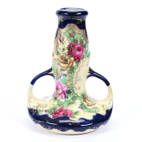 Vase, Nippon Maple Leaf Mark, Yellow and Green Tones, Pink Rose Decor, Gold Trim Highlights