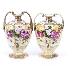 (2) Vases, Nippon Maple Leaf Mark, Green With Panels Of Pink Rose Decor