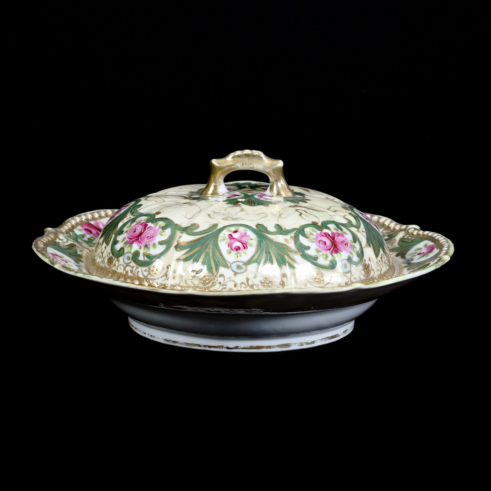 Covered Butter Dish, Nippon Maple Leaf Mark, Cream and Green Tones, Pink Floral Decor (1 of 3)