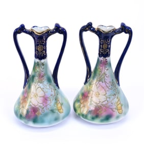 Pair Vases, S.N.B. Nagoya Nippon Mark, Blue, Green and Yellow With Floral Decor, Cobalt Blue Border