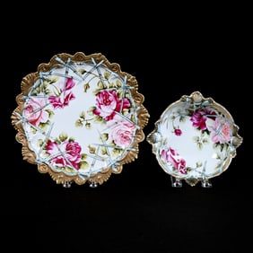 (2) Items Marked Nippon Maple Leaf, White With Blue Lattice Ribbon and Gold Tapestry Border