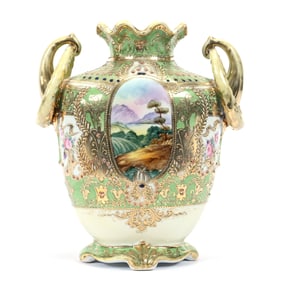Vase, Two Handles, Nippon Maple Leaf Mark, Green And White Tones, Medallion Lake Scenic Decor