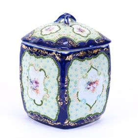 Square Biscuit Jar, Unmarked Nippon Style, Green and White Ground, Colorful Floral Decor