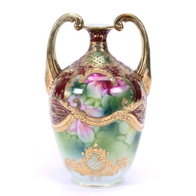 Vase, Two Handles, Nippon Maple Leaf Mark (Faded), Green, Yellow and White Tones