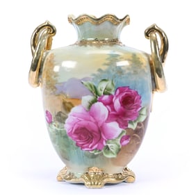 Vase, Two Handles, Nippon Maple Leaf Mark, Scenic Decor With Large Pink Rose Highlights
