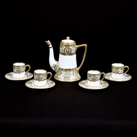 Demitasse Set, R. C. Nippon Mark, White With Green, Pink and Blue Elaborate Border