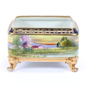 Square Ferner, Nippon Wreath Mark, Farm And Lake Scenic Decor, Cobalt Blue Border