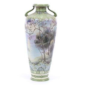 Vase, Two Handles, Nippon Maple Leaf Mark, Lake Scenic Decor, Green Border